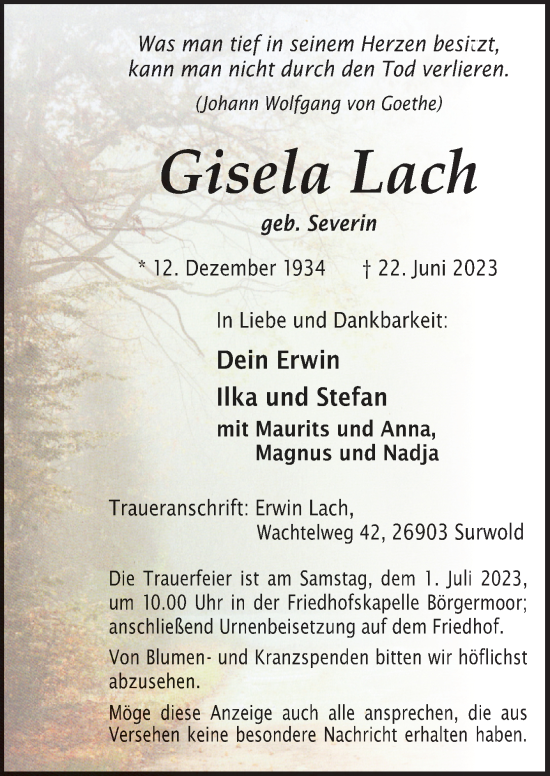 Traueranzeige von Gisela Lach von Neue Osnabrücker Zeitung GmbH & Co. KG