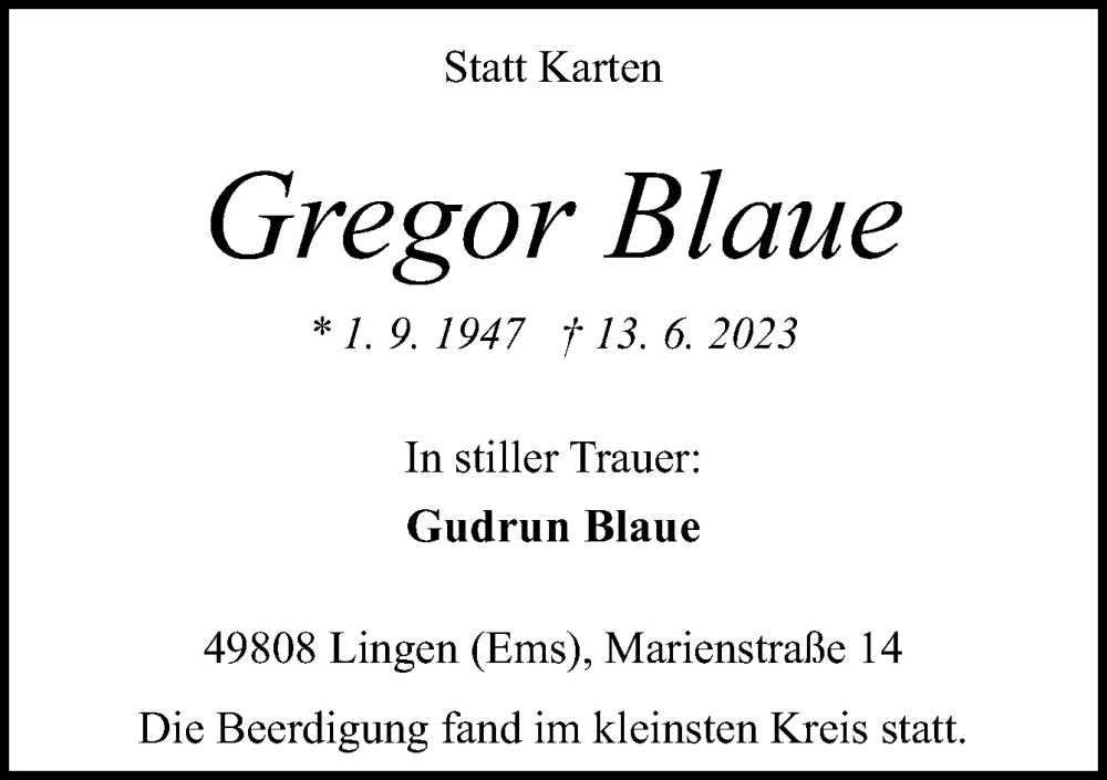  Traueranzeige für Gregor Blaue vom 22.06.2023 aus Neue Osnabrücker Zeitung GmbH & Co. KG