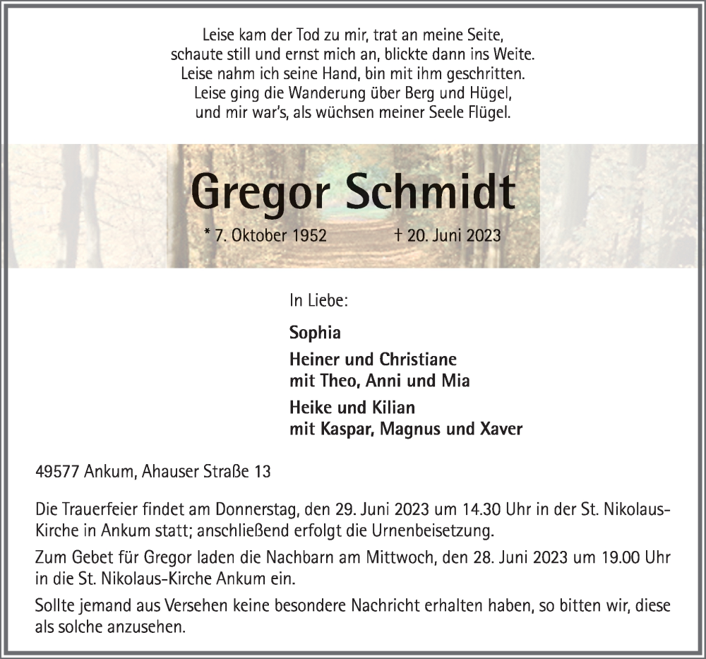  Traueranzeige für Gregor Schmidt vom 24.06.2023 aus Neue Osnabrücker Zeitung GmbH & Co. KG