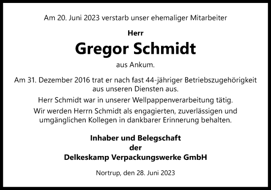 Traueranzeige von Gregor Schmidt von Neue Osnabrücker Zeitung GmbH & Co. KG
