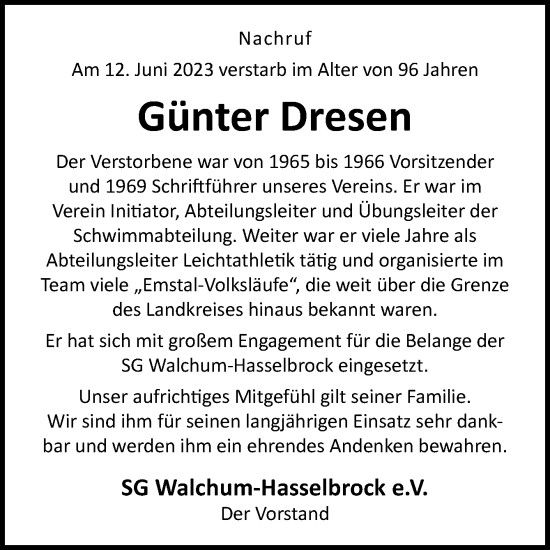 Traueranzeige von Günter Dresen von Neue Osnabrücker Zeitung GmbH & Co. KG