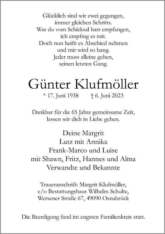 Traueranzeige von Günter Klufmöller von Neue Osnabrücker Zeitung GmbH & Co. KG