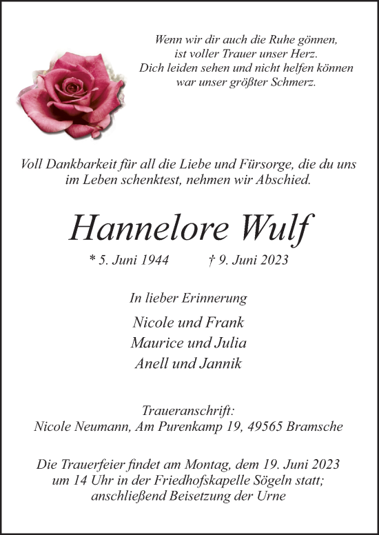 Traueranzeige von Hannelore Wulf von Neue Osnabrücker Zeitung GmbH & Co. KG