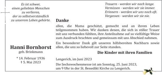 Traueranzeige von Hanni Bornhorst von Neue Osnabrücker Zeitung GmbH & Co. KG