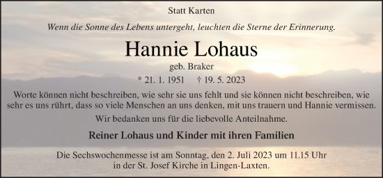 Traueranzeige von Hannie Lohaus von Neue Osnabrücker Zeitung GmbH & Co. KG