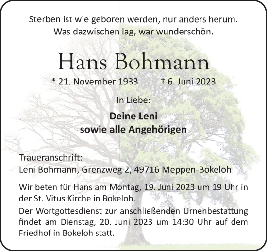 Traueranzeige von Hans Bohmann von Neue Osnabrücker Zeitung GmbH & Co. KG