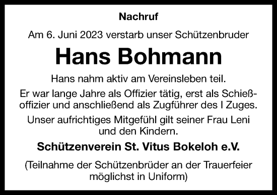 Traueranzeige von Hans Bohmann von Neue Osnabrücker Zeitung GmbH & Co. KG