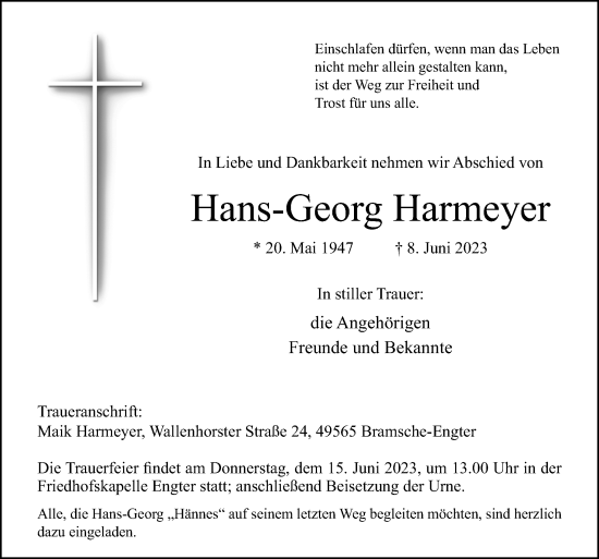 Traueranzeige von Hans-Georg Harmeyer von Neue Osnabrücker Zeitung GmbH & Co. KG