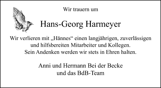 Traueranzeige von Hans-Georg Harmeyer von Neue Osnabrücker Zeitung GmbH & Co. KG