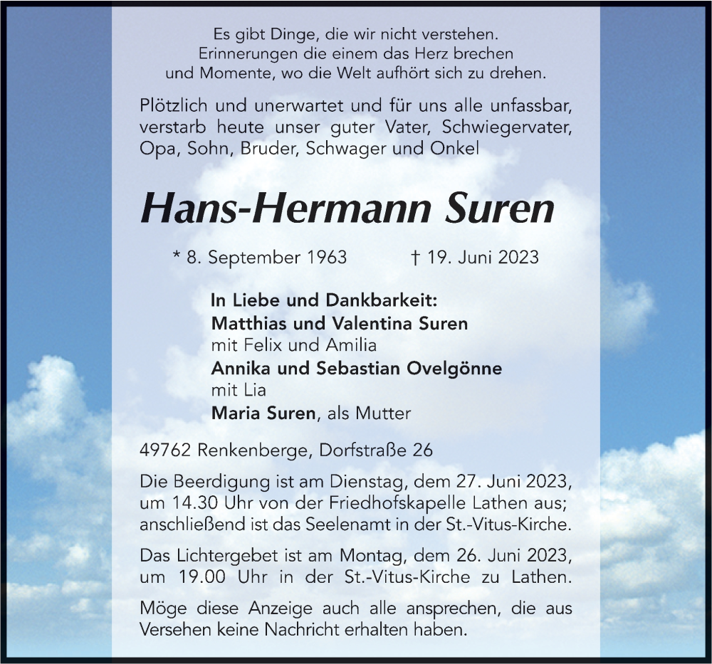  Traueranzeige für Hans-Hermann Suren vom 24.06.2023 aus Neue Osnabrücker Zeitung GmbH & Co. KG