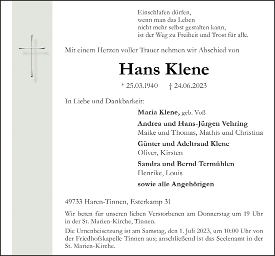 Traueranzeige von Hans Klene von Neue Osnabrücker Zeitung GmbH & Co. KG