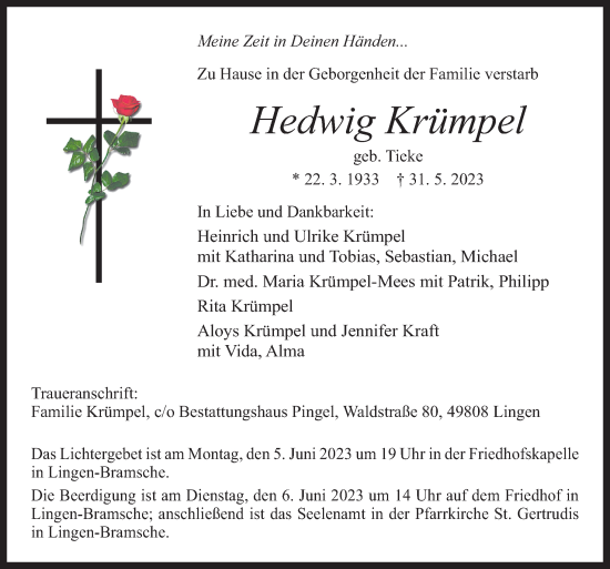 Traueranzeige von Hedwig Krümpel von Neue Osnabrücker Zeitung GmbH & Co. KG