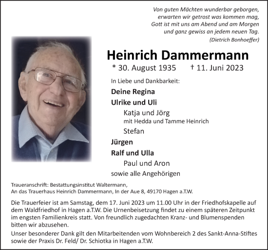 Traueranzeige von Heinrich Dammermann von Neue Osnabrücker Zeitung GmbH & Co. KG
