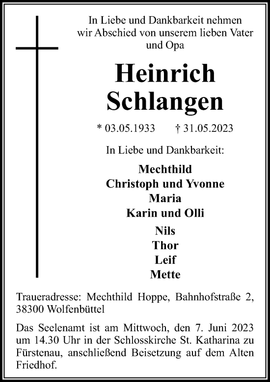 Traueranzeige von Heinrich Schlangen von Neue Osnabrücker Zeitung GmbH & Co. KG