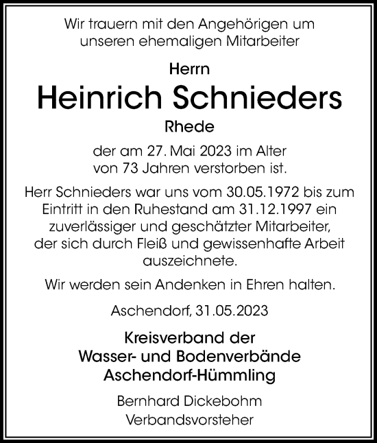 Traueranzeige von Heinrich Schnieders von Neue Osnabrücker Zeitung GmbH & Co. KG