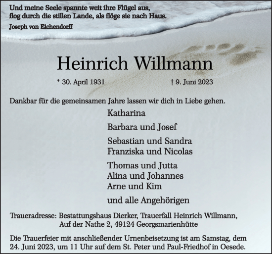 Traueranzeige von Heinrich Willmann von Neue Osnabrücker Zeitung GmbH & Co. KG