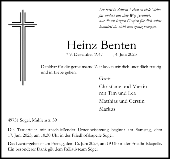 Traueranzeige von Heinz Benten von Neue Osnabrücker Zeitung GmbH & Co. KG