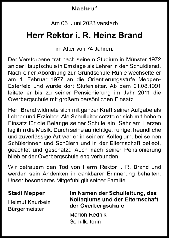 Traueranzeige von Heinz Brand von Neue Osnabrücker Zeitung GmbH & Co. KG