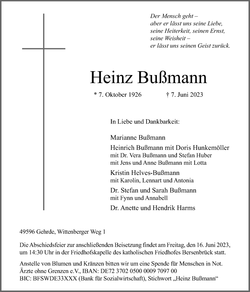  Traueranzeige für Heinz Bußmann vom 12.06.2023 aus Neue Osnabrücker Zeitung GmbH & Co. KG