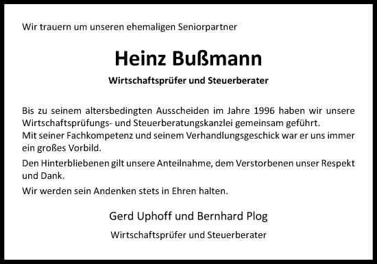 Traueranzeige von Heinz Bußmann von Neue Osnabrücker Zeitung GmbH & Co. KG