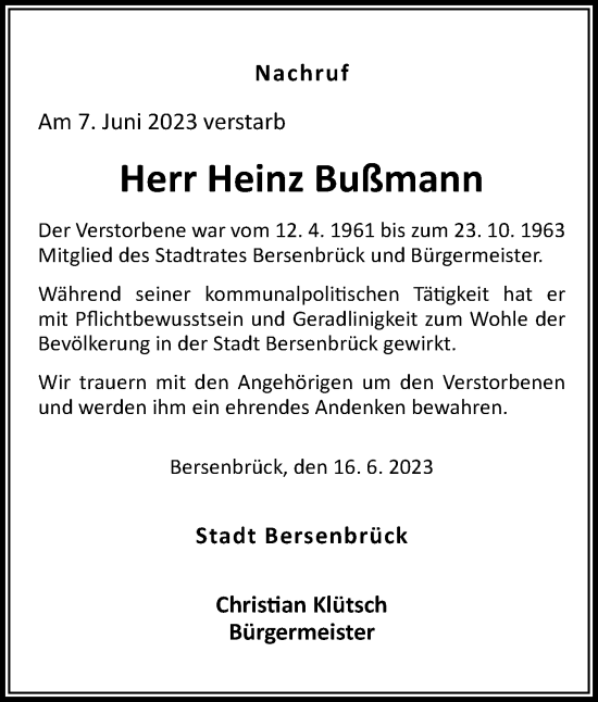 Traueranzeige von Heinz Bußmann von Neue Osnabrücker Zeitung GmbH & Co. KG