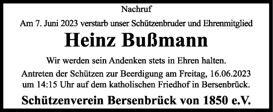 Traueranzeige von Heinz Bußmann von Neue Osnabrücker Zeitung GmbH & Co. KG