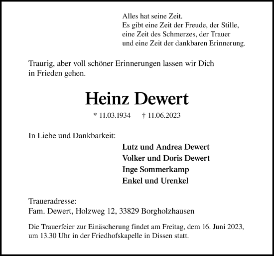 Traueranzeige von Heinz Dewert von Neue Osnabrücker Zeitung GmbH & Co. KG