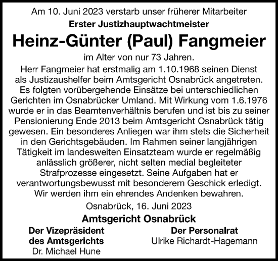 Traueranzeige von Heinz-Günter Fangmeier von Neue Osnabrücker Zeitung GmbH & Co. KG