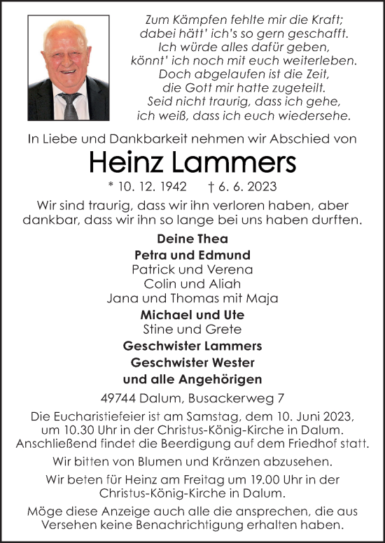 Traueranzeige von Heinz Lammers von Neue Osnabrücker Zeitung GmbH & Co. KG