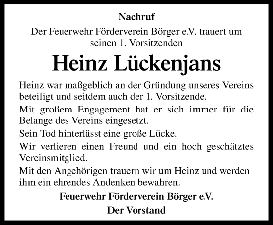 Traueranzeige von Heinz Lückenjans von Neue Osnabrücker Zeitung GmbH & Co. KG