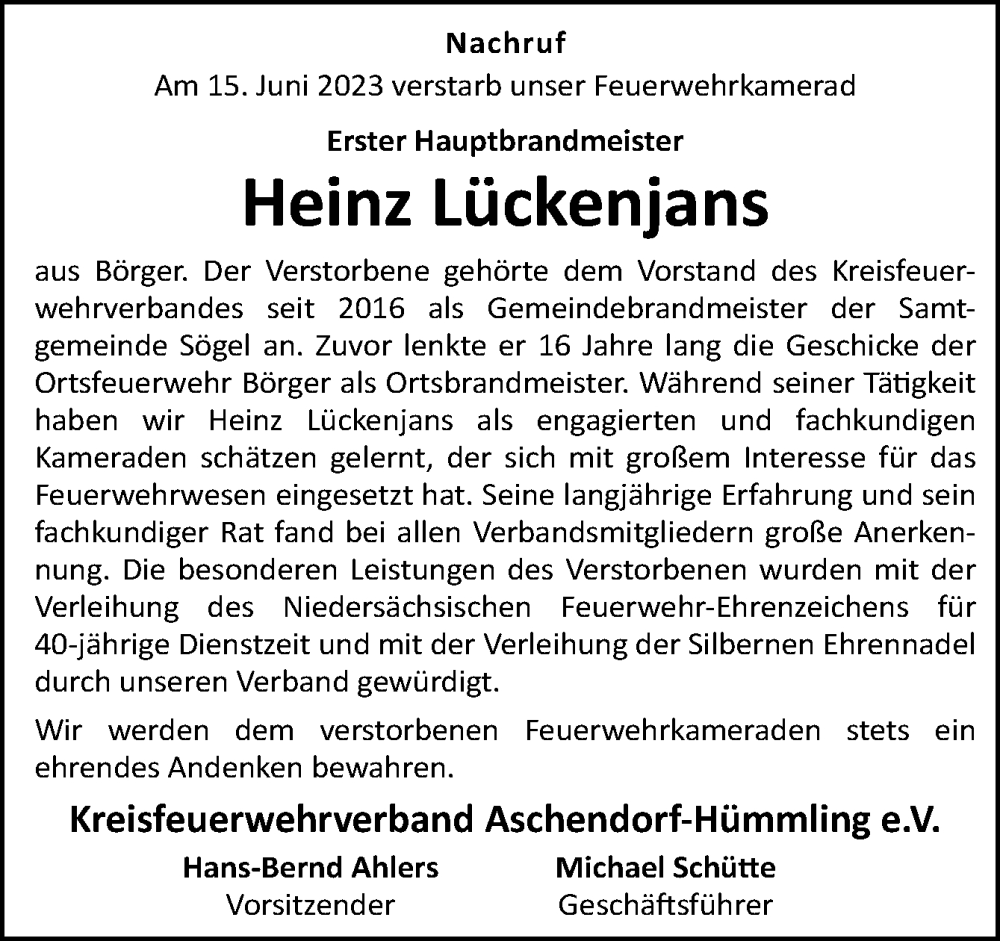  Traueranzeige für Heinz Lückenjans vom 26.06.2023 aus Neue Osnabrücker Zeitung GmbH & Co. KG