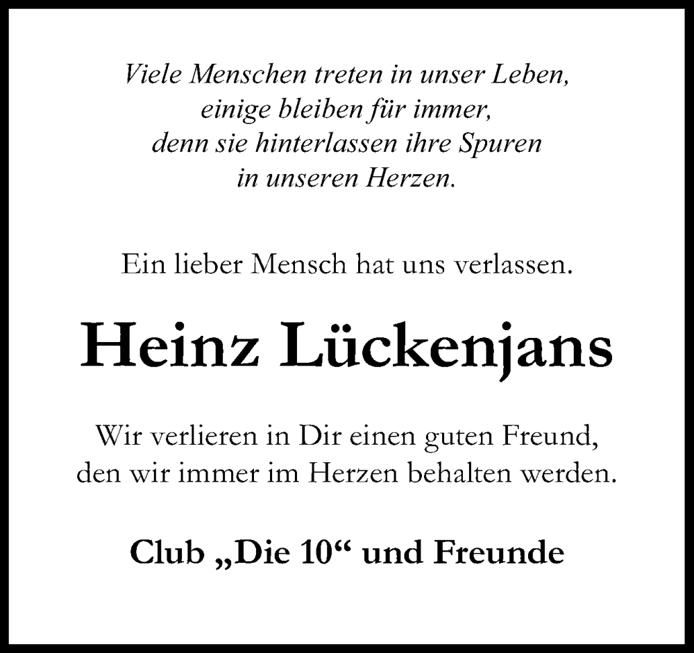  Traueranzeige für Heinz Lückenjans vom 26.06.2023 aus Neue Osnabrücker Zeitung GmbH & Co. KG