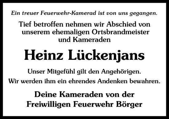 Traueranzeige von Heinz Lückenjans von Neue Osnabrücker Zeitung GmbH & Co. KG