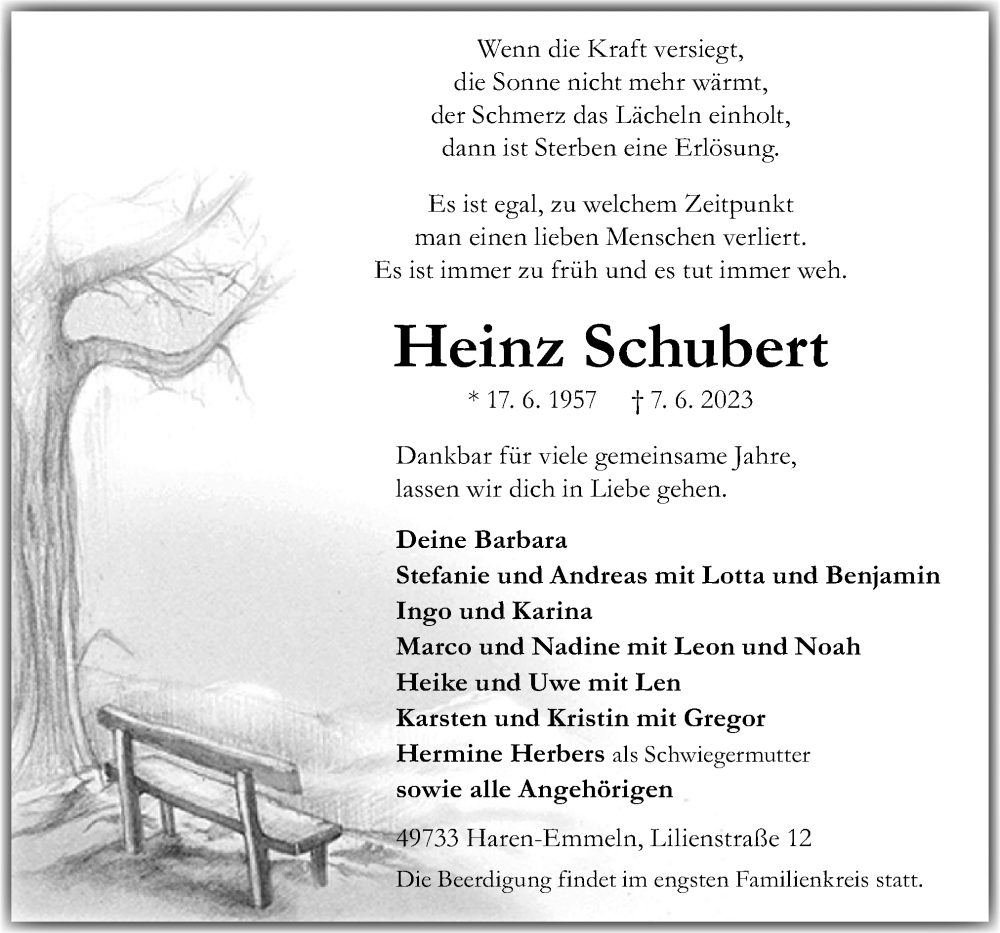  Traueranzeige für Heinz Schubert vom 09.06.2023 aus Neue Osnabrücker Zeitung GmbH & Co. KG