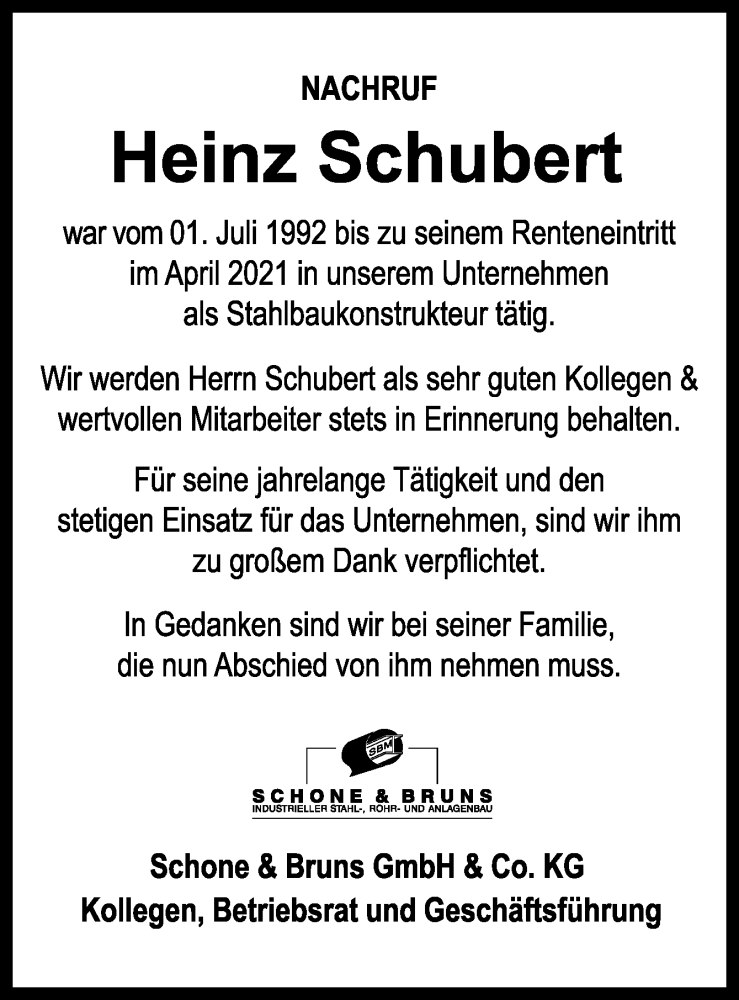  Traueranzeige für Heinz Schubert vom 12.06.2023 aus Neue Osnabrücker Zeitung GmbH & Co. KG