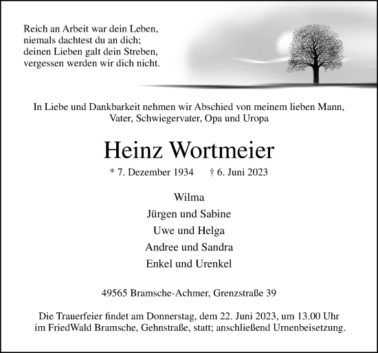 Traueranzeige von Heinz Wortmeier von Neue Osnabrücker Zeitung GmbH & Co. KG