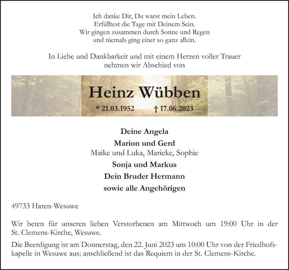  Traueranzeige für Heinz Wübben vom 19.06.2023 aus Neue Osnabrücker Zeitung GmbH & Co. KG