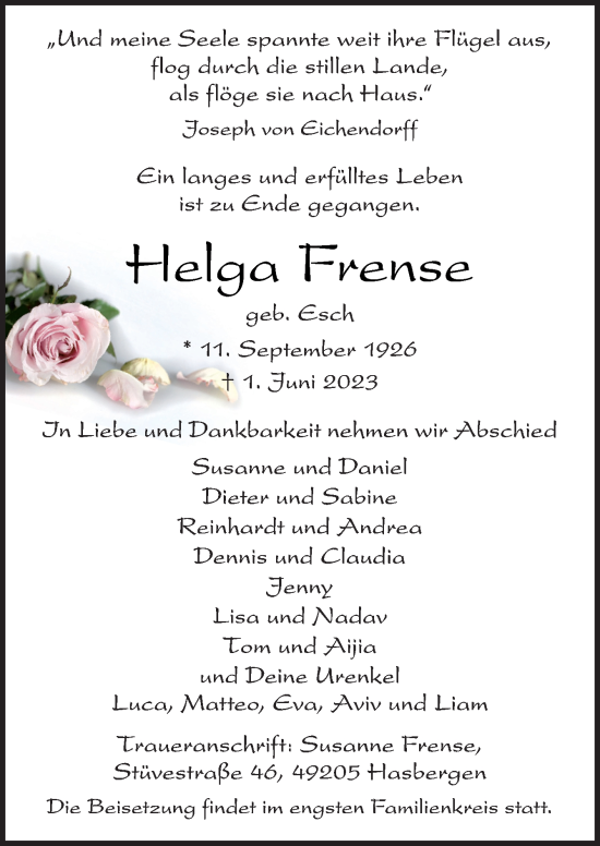 Traueranzeige von Helga Frense von Neue Osnabrücker Zeitung GmbH & Co. KG