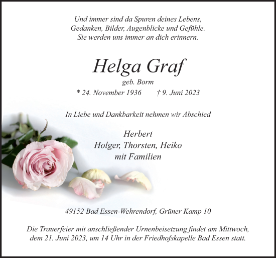 Traueranzeige von Helga Graf von Neue Osnabrücker Zeitung GmbH & Co. KG