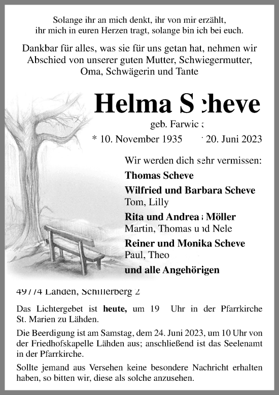 Traueranzeige von Helma Scheve von Neue Osnabrücker Zeitung GmbH & Co. KG