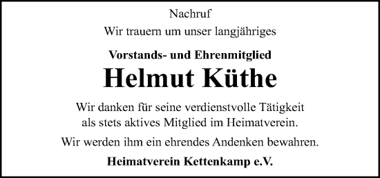 Traueranzeige von Helmut Küthe von Neue Osnabrücker Zeitung GmbH & Co. KG