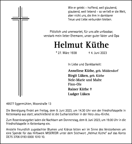 Traueranzeige von Helmut Küthe von Neue Osnabrücker Zeitung GmbH & Co. KG