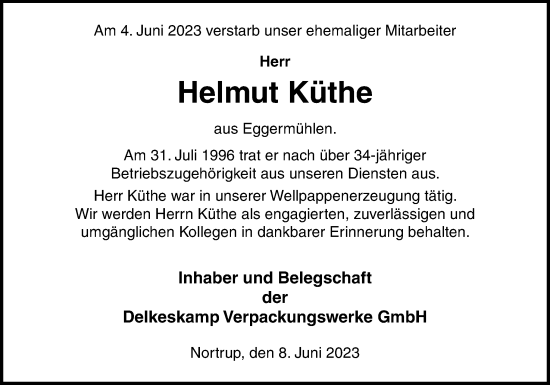 Traueranzeige von Helmut Küthe von Neue Osnabrücker Zeitung GmbH & Co. KG