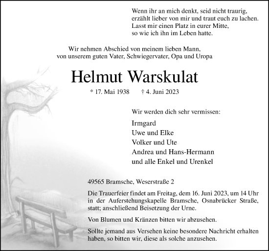 Traueranzeige von Helmut Warskulat von Neue Osnabrücker Zeitung GmbH & Co. KG
