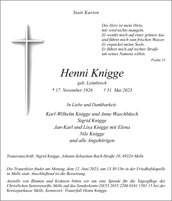 Traueranzeige von Henni Knigge von Neue Osnabrücker Zeitung GmbH & Co. KG