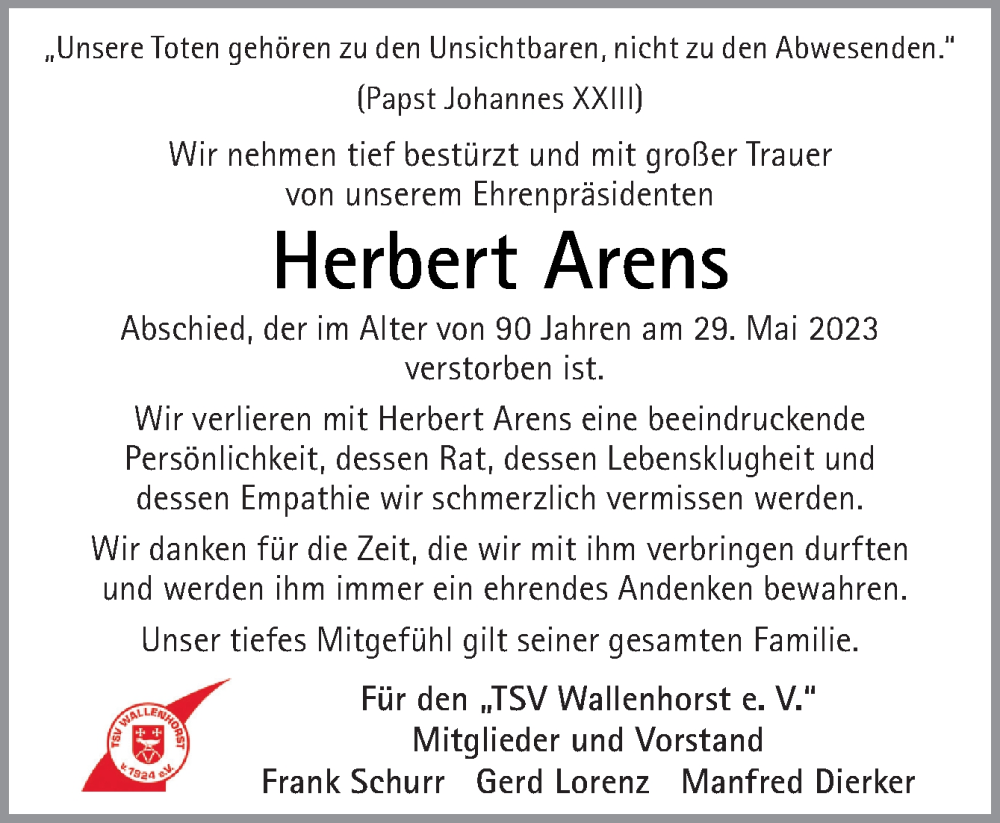  Traueranzeige für Herbert Arens vom 03.06.2023 aus Neue Osnabrücker Zeitung GmbH & Co. KG