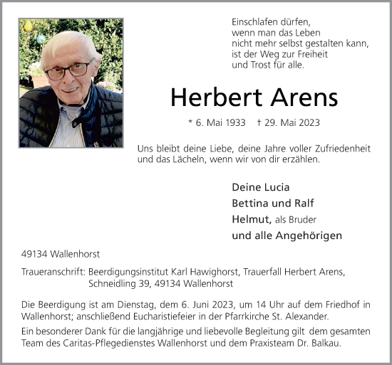 Traueranzeige von Herbert Arens von Neue Osnabrücker Zeitung GmbH & Co. KG