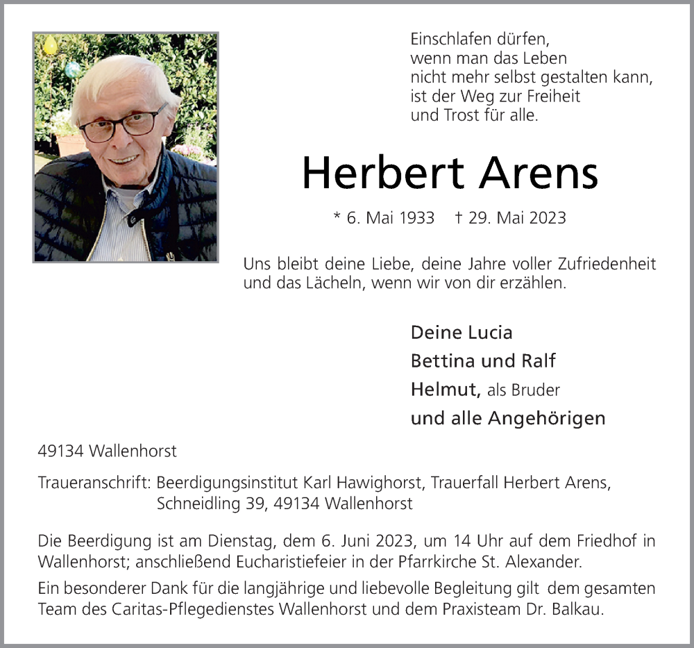  Traueranzeige für Herbert Arens vom 03.06.2023 aus Neue Osnabrücker Zeitung GmbH & Co. KG