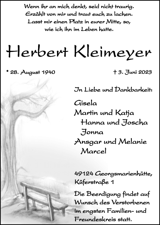 Traueranzeige von Herbert Kleimeyer von Neue Osnabrücker Zeitung GmbH & Co. KG