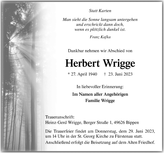 Traueranzeige von Herbert Wrigge von Neue Osnabrücker Zeitung GmbH & Co. KG